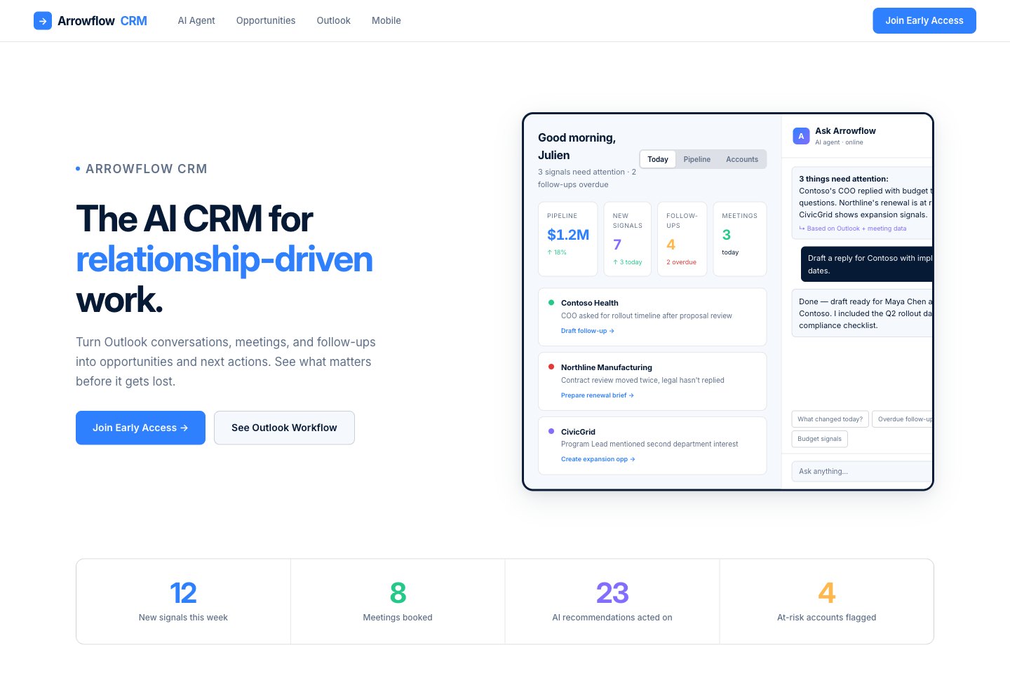 Arrowflow CRM v0 homepage mockup